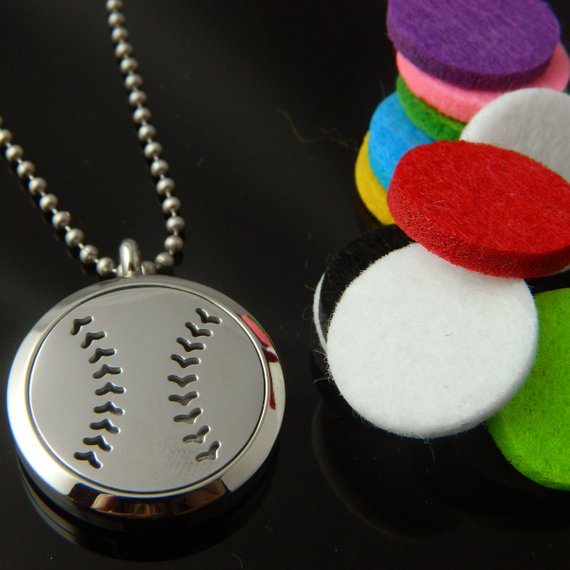 Stainless Steel Baseball Aromatherapy Diffuser Locket Necklace Car Freshner